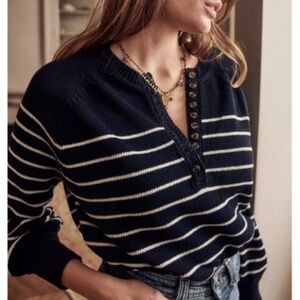 Sezane Leontine Navy and White Striped V-Neck Sweater